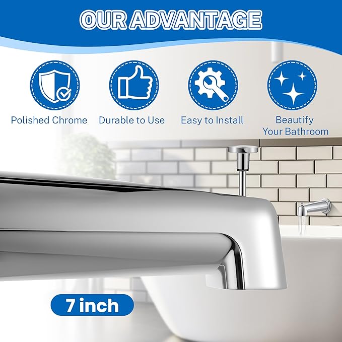 Dreyoo 7 Inch Bathroom Tub Spout Compatible with Westbrass E531D-1F-62, Fits Wall Front Mount Tub Spout with Shower Diverter 1/2'' IPS Inside Thread Bathtub Faucet (Chrome)
