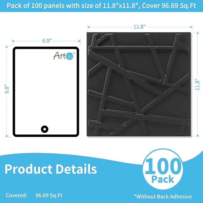 Art3d 100 Pack Decorative 3D Wall Panels, 97 Sq.Feet PVC Interior Wall Décor, 11.8"x11.8", Black