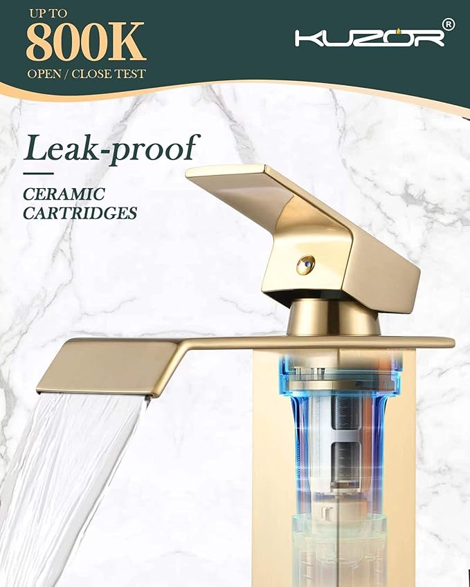 Gold Waterfall Bathroom Sink Faucet, Brushed Gold Finish, Single Handle, 1 or 3 Hole Installation, Metal Pop Up Drain, 23.6-inch Hoses, 3/8 Inch Compression Threads