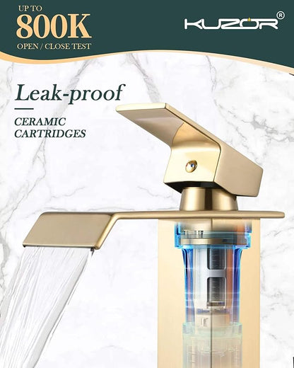 Gold Waterfall Bathroom Sink Faucet, Brushed Gold Finish, Single Handle, 1 or 3 Hole Installation, Metal Pop Up Drain, 23.6-inch Hoses, 3/8 Inch Compression Threads