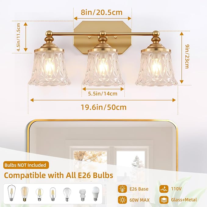 Vintage 3-Light Gold Bathroom Vanity Light, Crystal Glass Shade | Antique Style, Brushed Gold Finish, Rust-resistant Metal, E26 Base, Over Mirror Wall Lighting for Bathroom Restroom