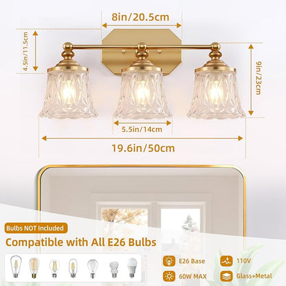 Vintage 3-Light Gold Bathroom Vanity Light, Crystal Glass Shade | Antique Style, Brushed Gold Finish, Rust-resistant Metal, E26 Base, Over Mirror Wall Lighting for Bathroom Restroom