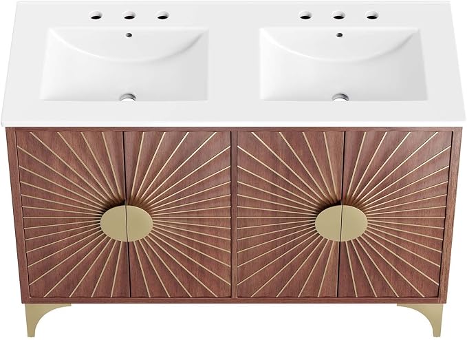 Modway Daylight Bathroom Vanity Cabinet with Ceramic Basin, 48" Double Sink, White Walnut