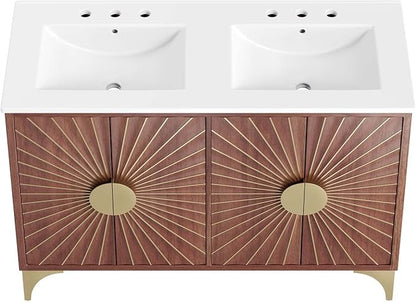 Modway Daylight Bathroom Vanity Cabinet with Ceramic Basin, 48" Double Sink, White Walnut