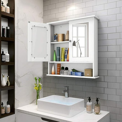 Tangkula Bathroom Medicine Cabinet with Mirror, Wall Mounted Wooden Hanging Organizer with Doors and Shelves, Bathroom Wall Mirror Cabinet (Mirror Doors, White)