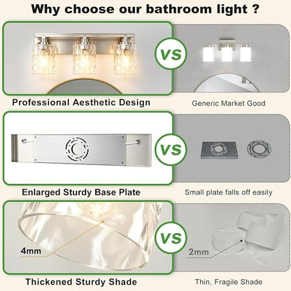 Modern Bathroom Lighting Fixtures Over Mirror, Vanity Lights for Bathroom, Wall Sconces with Clear Glass Shades, E26 Ceramic Socket, 3-Light 19.7-inch Brushed Nickel