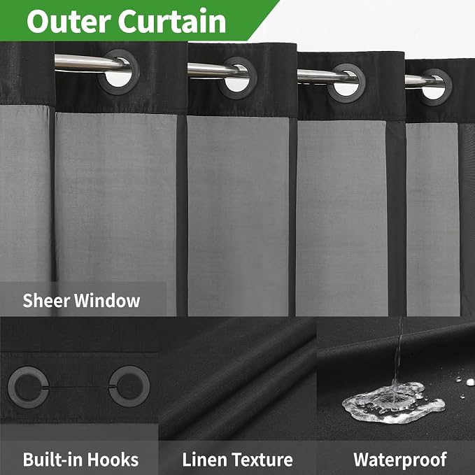 eachope No Hooks Needed Linen Textured Shower Curtain with Snap-in Fabric Liner Set,Black Hotel Luxury Decor Shower Curtains for Bathroom with Mesh Top Window,Waterproof & Washable,71Wx74H | 230GSM Thick Fabric,Hotel Luxury Decor,Mesh Top Window,Waterp...