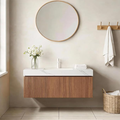 Ambrovina 48" Floating Bathroom Vanity with Sink, Modern Plywood Bathroom Storage Cabinet with Drawer and 2 Door, Carrara White Sintered Stone Countertop, White Ceramic Basin, Pre-Assembled, Dark Oak