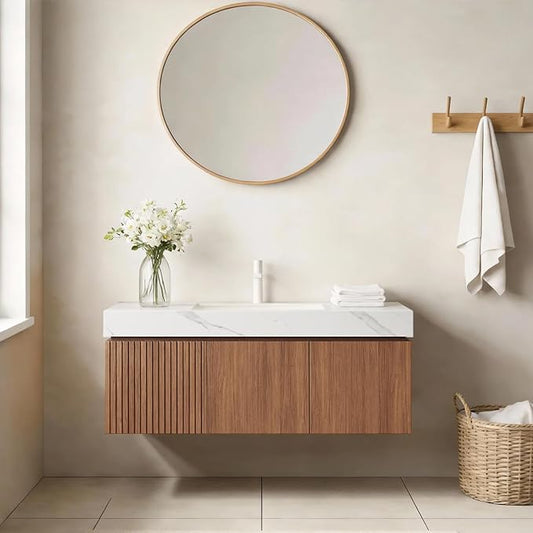 Ambrovina 48" Floating Bathroom Vanity with Sink, Modern Plywood Bathroom Storage Cabinet with Drawer and 2 Door, Carrara White Sintered Stone Countertop, White Ceramic Basin, Pre-Assembled, Dark Oak