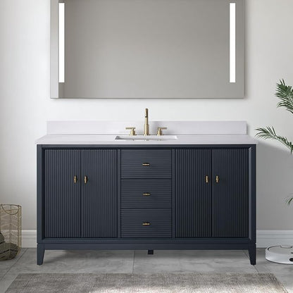 Vanity Art 60" Bathroom Vanity with Single Sink & Arabescato White Engineered Stone Top, Soft Closing Door, Solid Wood Frame, Golden Brushed Handles, Vintage Spruce Blue VA8160S-VSB-GB