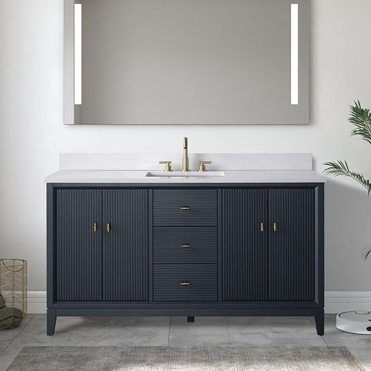 Vanity Art 60" Bathroom Vanity with Single Sink & Arabescato White Engineered Stone Top, Soft Closing Door, Solid Wood Frame, Golden Brushed Handles, Vintage Spruce Blue VA8160S-VSB-GB