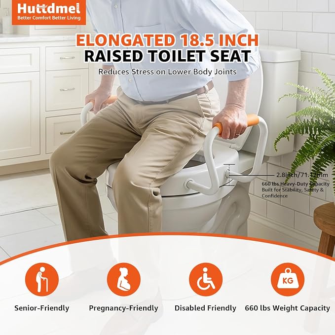 Huttdmel Elongated Bidet Toilet Seat with Handles, 2.8" Elevated Toilet Seat Riser, Soft Close, Quick Release, Non-Slip, No-Electric Wash, Adjustable Spray for Seniors, Elderly & Disabled,White