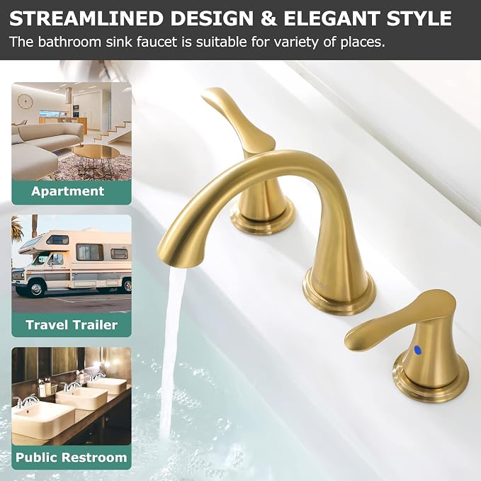 Bathroom Sink Faucet 8 Inch Widespread for Vanity, Brushed Gold | Mid Arc Brass Spout, 2 Handle Lead-Free Bathroom Faucet with Metal Pop Up Drain Supply Lines for 3 Hole Lavatory Utility Sink