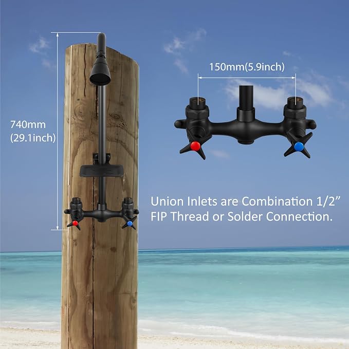 Aolemi Outdoor Shower Kit,2-Handle with Soap Dish,Matte Black | Solid Brass Showerhead and Valve,SUS304 Riser,6-Inch Centers,Soap Dish,Reversible Upward/Downward Exposed Shower Install