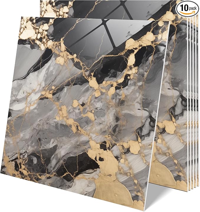 10 Sheets Marble Peel and Stick Backsplash Tile, 12"x12" Waterproof PVC Self Adhesive Tile Shower Wall Panels for Bathroom, Kitchen, Living Room (Metallic Black)