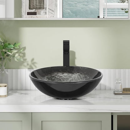 Bathroom Artistic Vessel Sink, Tempered Glass Vanity Round Bowl, Black | Black Faucet, Pop Up Drain, Above Counter, Easy Clean