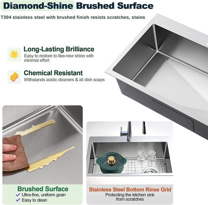25x18 Inch Kitchen Sink, 304 Stainless Steel Drop in Sink | Right Offset Drain, 9" Deep Single Bowl Kitchen Sinks, Brushed(Inclued Bottom Grid & Drain Strainer )