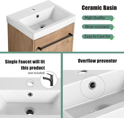 18" Bathroom Vanity with Sink, 18 Inch Floating Bathroom Vanity for Small Space,Modern Single Sink Bathroom Vanity Combo, Brown Wall Mounted Cabinet Set