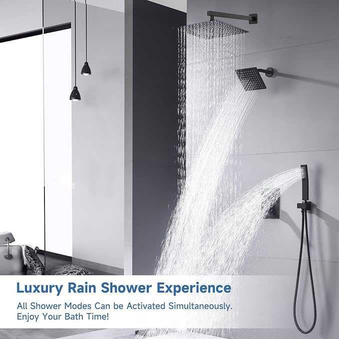 Dual Rainfall Shower Head System Matte Black, 3-Function Push Button Shower Faucet Set with 12" Wall Mount Rain shower head and 6" Wall Mount Shower Head, Pressure Balance Rough-in Valve