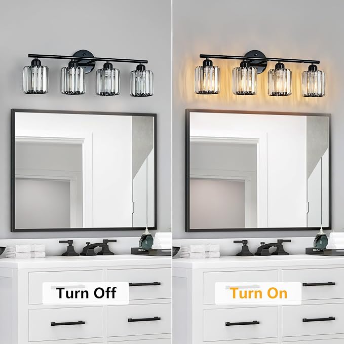 Modern 4 Light Crystal Vanity Light, Plating Black Vertical Bathroom Light Fixture Over Mirror for Dressing Table Sink, Compatible with Dimmable Bulbs (Bulbs Not Included)