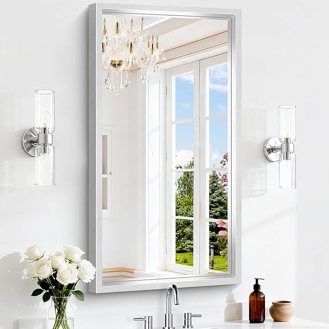 42x24 Silver Bathroom Mirror, Brushed Silver Rectangular Mirror for Wall, 0.6" Thickened Deep Frame Mirrors for Bathroom Sink, Shatterproof Tempered Glass, Antirust, Horizontally or Vertically