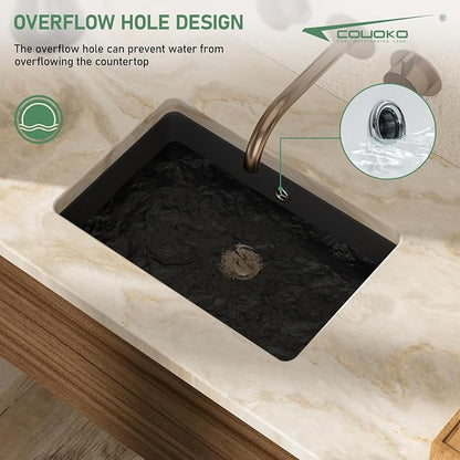 18x12 Inch Black Rectangle Undermount Bathroom Sink | Interior Bowl Size 16"W x 11"D, Ceramic, Rectangular Bottom, Easy to Clean, with Overflow, Ideal for Bathroom, Lavatory