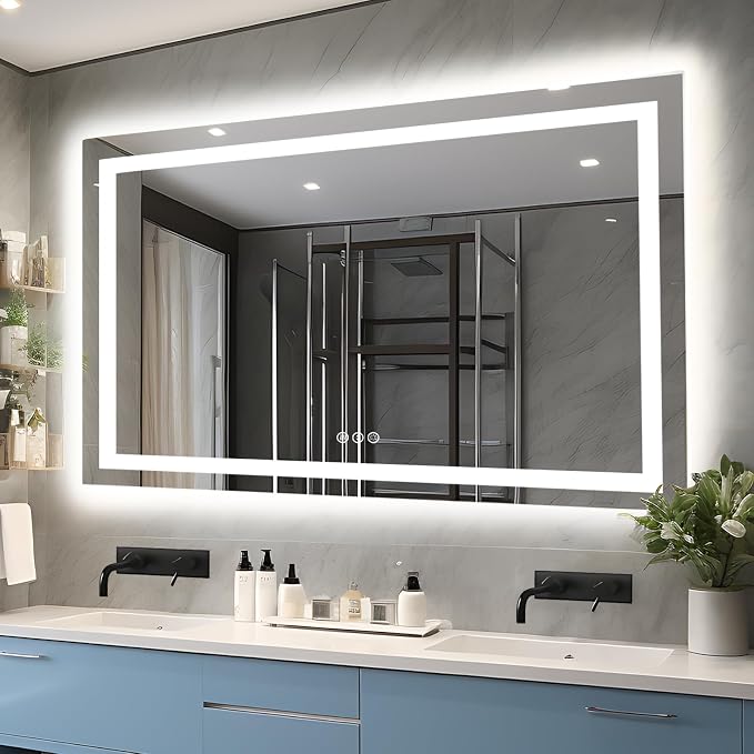 EchosLife 66"x36" LED Lit Bathroom Mirror | Backlit + Front Lit, Anti-Fog, Stepless Dimmable, 3 Colors, Memory, Tempered Glass, UL Listed, Horizontal/Vertical