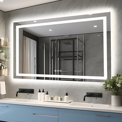EchosLife 66"x36" LED Lit Bathroom Mirror | Backlit + Front Lit, Anti-Fog, Stepless Dimmable, 3 Colors, Memory, Tempered Glass, UL Listed, Horizontal/Vertical