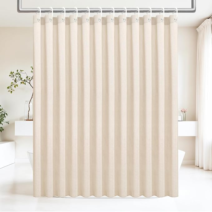 Ga-Geetopia Extra Long Linen Textured Shower Curtain Set with Hooks, Beige Boho Farmhouse Bath Shower Curtains for Bathroom Neutral Cloth, Hotel Luxury, Weighted, 72W x 84L, Cream