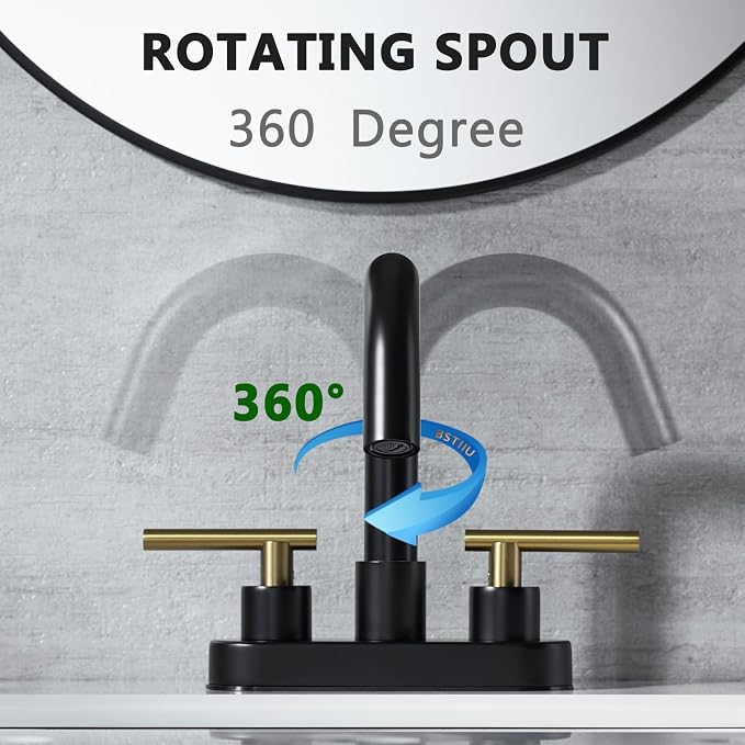 Bathroom Faucet, 3-Hole Black and Gold Vanity Faucet with Metal Sink Drain, 2-Handle 4-Inch Centerset