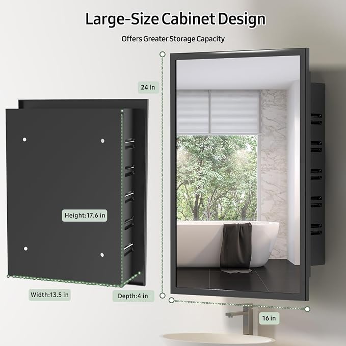 NLShan Medicine Cabinet Mirror for Bathroom: Recessed Vanity Bathroom Cabinet with Mirror Door - Black Metal Framed and Wall Mounted Design with Adjustable Shelves for Bathroom Storage - 16x24 inch
