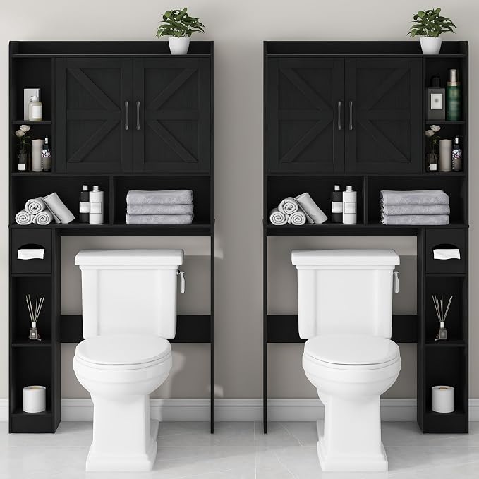 Vabches Over The Toilet Storage Cabinet with 2 Barn Doors, Black | Farmhouse Storage Cabinet with Toilet Paper Holder Stand，Home Space-Saving Toilet Rack, for Bathroom, Restroom, Laundry