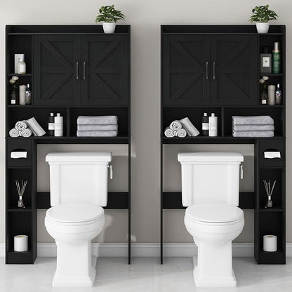 Vabches Over The Toilet Storage Cabinet with 2 Barn Doors, Black | Farmhouse Storage Cabinet with Toilet Paper Holder Stand，Home Space-Saving Toilet Rack, for Bathroom, Restroom, Laundry