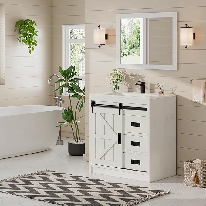 AMERLIFE Farmhouse Bathroom Vanity with Sink Combo, 31in Sliding Barn Door Bathroom Vanity Cabinet Set with Storage Drawers, Metal Handles, Small Single Bath Storage Vanity Sink, Antique White