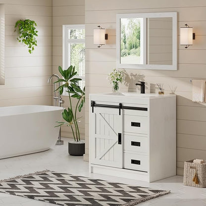 AMERLIFE Farmhouse Bathroom Vanity with Sink Combo, 31in Sliding Barn Door Bathroom Vanity Cabinet Set with Storage Drawers, Metal Handles, Small Single Bath Storage Vanity Sink, Antique White