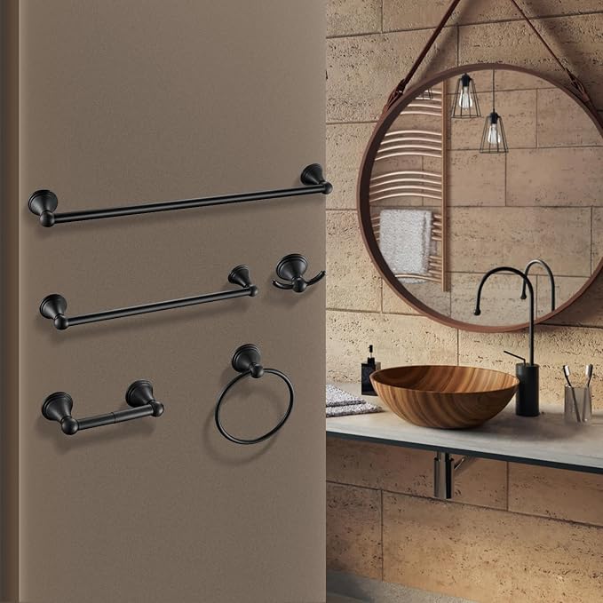 Sagetta Bathroom Hardware Set, 5-Piece Bath Accessories Set Matte Black Wall Mount Includes 24 in Towel Bar, 16 in Towel Bar, Towel Ring, TP Holder