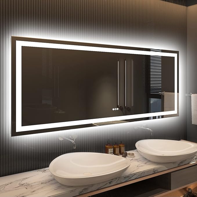 LED Bathroom Mirror, 60"X28" with Front Light and Backlit | Stepless Dimmable, Anti-Fog, Shatter-Proof, HD Reflection, Memory, 3 Colors Lighting, UL Listed (Horizontal/Vertical).