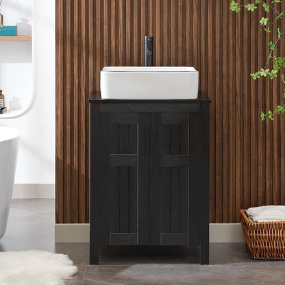 UEV Black 24" Bathroom Vanity with Sink Combo,Modern Freestanding Sink Cabinet,Stylish Bathroom Vanity Cabinet,Grooved Double Doors,Metal Handles,Modern Artistic Ceramic Vessel Sink Combo(031WH-NEW)