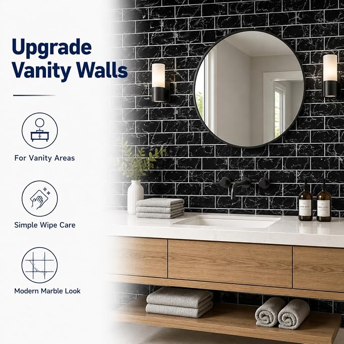 Peel and Stick Backsplash for Kitchen, Black | 10 pack self‑adhesive tiles for backsplash, bathroom, or accent wall. Easy DIY install and wipeable. Covers approx. 10 sq ft.