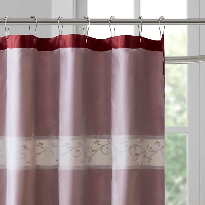 Madison Park Serene Flora Fabric Shower Curtain, mbroidered Transitional Shower Curtains for Bathroom, 72" x 72", Red | Adds Privacy, Machine Washable, Floral Pattern, OEKO-TEX Certified