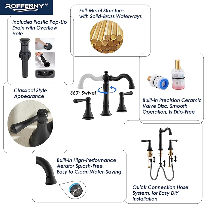 2-Handle Matte Black Bathroom Faucet 8 inch Widespread for 3 Holes with Plastic Pop-Up Drain, Classic Black Bathroom/Lavatory/Vanity Sink Faucets, High Arc 360° Swivel Brass Spout