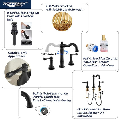 2-Handle Matte Black Bathroom Faucet 8 inch Widespread for 3 Holes with Plastic Pop-Up Drain, Classic Black Bathroom/Lavatory/Vanity Sink Faucets, High Arc 360° Swivel Brass Spout