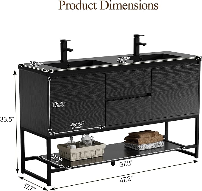 LUCKWIND 60" Modern Bathroom Vanity with Dual Black Sink Combo, Freestanding Storage Cabinet with Metal Frame, Water-Saving Faucet and Open Shelf and 2 Soft-Closing Door, Black