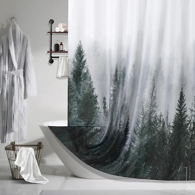 ORTIGIA Dark Green Misty Forest Shower Curtain for Bathroom, Nature Woodland Shower Curtain Set with Hooks, Decorative Pine Tree Fog Magic Bath Curtain for Home, Waterproof Fabric, Weighted, 72x72