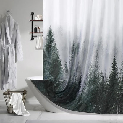 ORTIGIA 78 Inch Dark Green Misty Forest Shower Curtain for Bathroom, Nature Woodland Shower Curtain Set with Hooks, Decorative Pine Tree Fog Magic Bath Curtain, Waterproof Fabric, Weighted, 72x78
