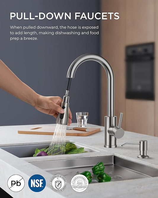 FORIOUS Kitchen Faucet with Soap Dispenser, Brushed Nickel, Single Handle Stainless Steel Transitional Sink Faucet with Pull Down Sprayer 1 or 3 Hole, Suitable for Farmhouse Laundry Camper RV Bar