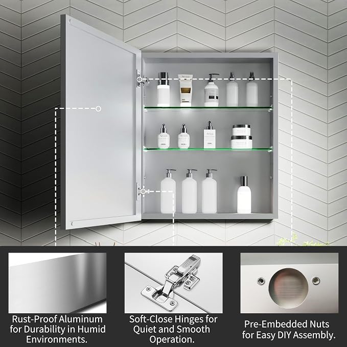 20x24 Inch Recessed Medicine Cabinet with Mirror, Aluminum Medicine Cabinet Mirror, Recessed or Surface Mount with 2 Adjustable Shelves Storage Organizer, Pre-Assembled Door, Soft-Closed System