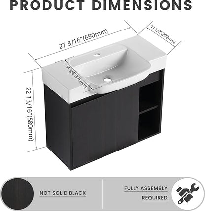 28" Floating Bathroom Vanity with Sink Combo,28 Inch Floating Vanity,Modern Single Sink Bathroom Vanity Combo,Black Wall Mounted Cabinet Set