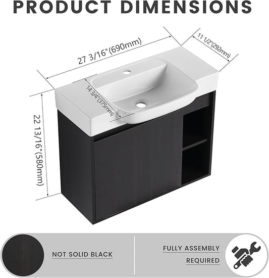 28" Floating Bathroom Vanity with Sink Combo,28 Inch Floating Vanity,Modern Single Sink Bathroom Vanity Combo,Black Wall Mounted Cabinet Set