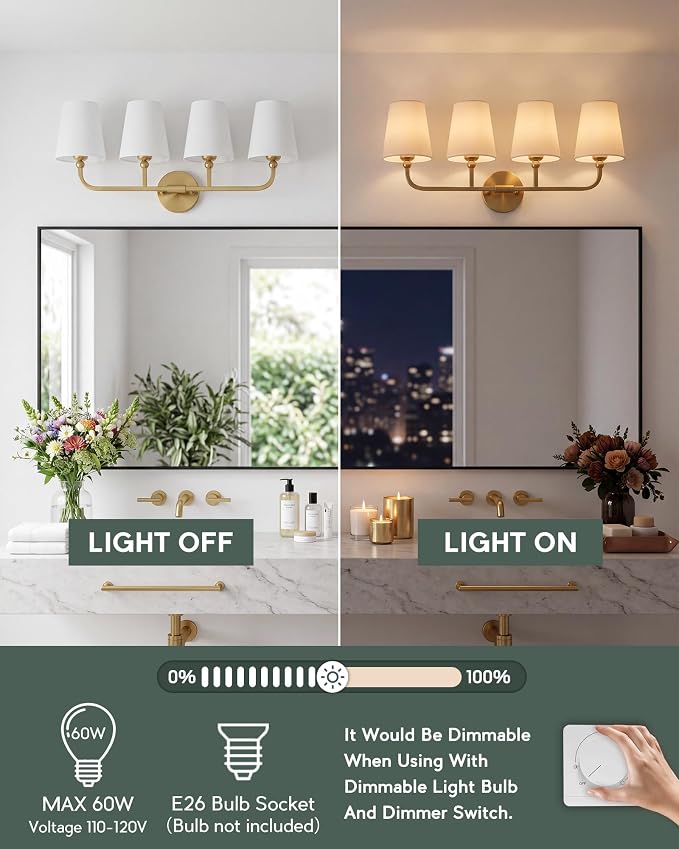 4-Light Brushed Gold Bathroom Vanity Light with White Fabric Shade | 28 Inch gold bathroom light fixture over mirror, UL listed, E26 bulbs, hardwired, upward only, VL837-BG-4K